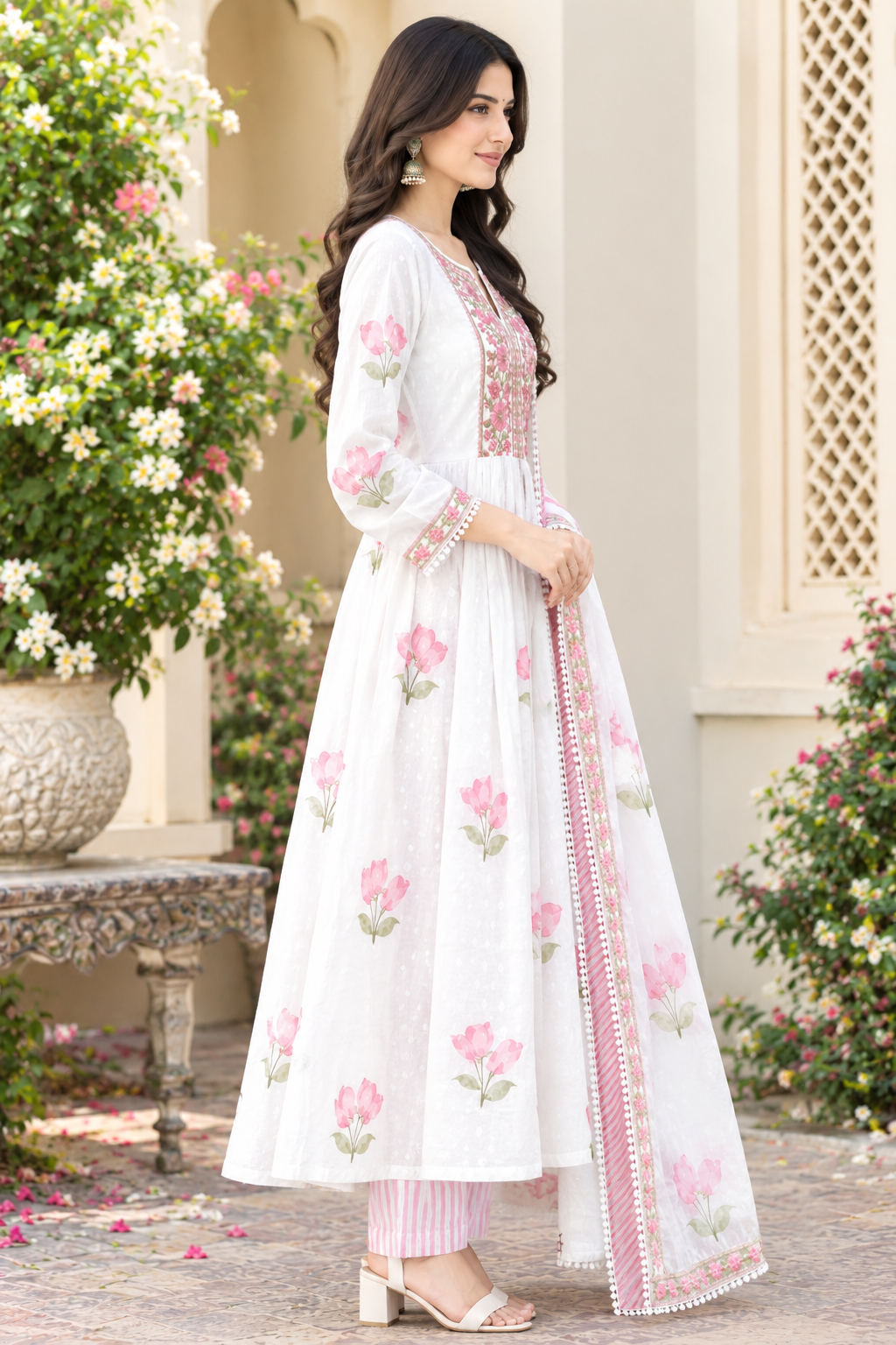 Women's Pure Cotton White & Pink Floral Printed Flared Anarkali Kurta with Palazzo & Dupatta Set (3-Piece Lined Ethnic Suit Set with Heavy Embroidery) Manufacturer Wholesale in Jaipur