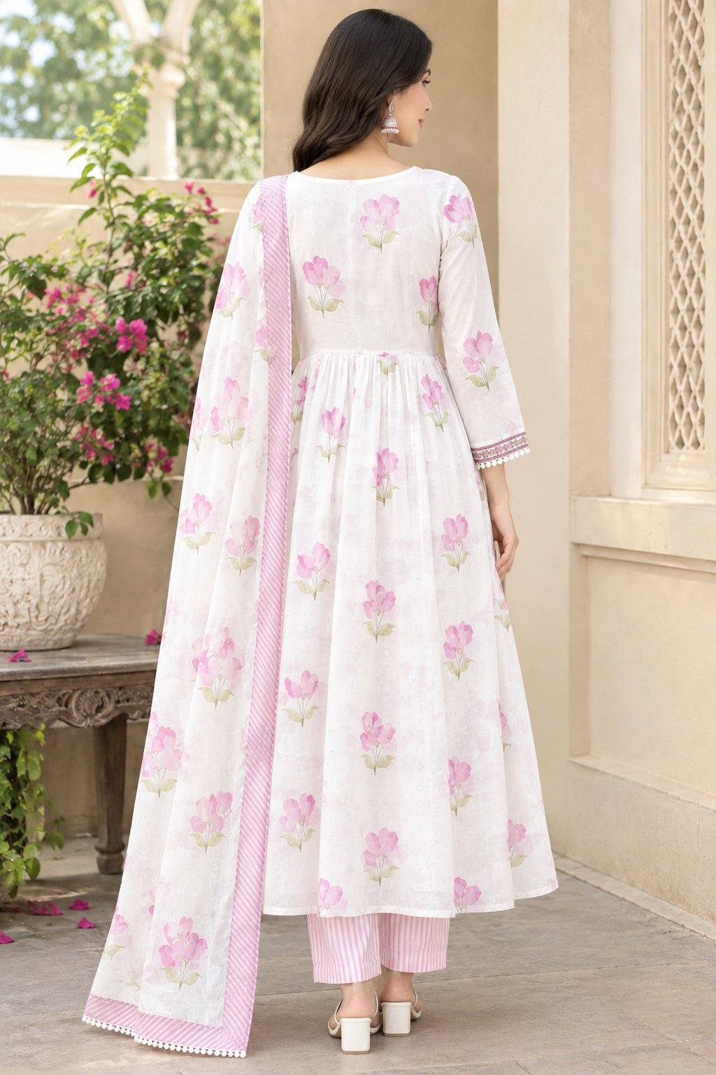 Women's Pure Cotton White & Pink Floral Printed Flared Anarkali Kurta with Palazzo & Dupatta Set (3-Piece Lined Ethnic Suit Set with Heavy Embroidery) Manufacturer Wholesale in Jaipur