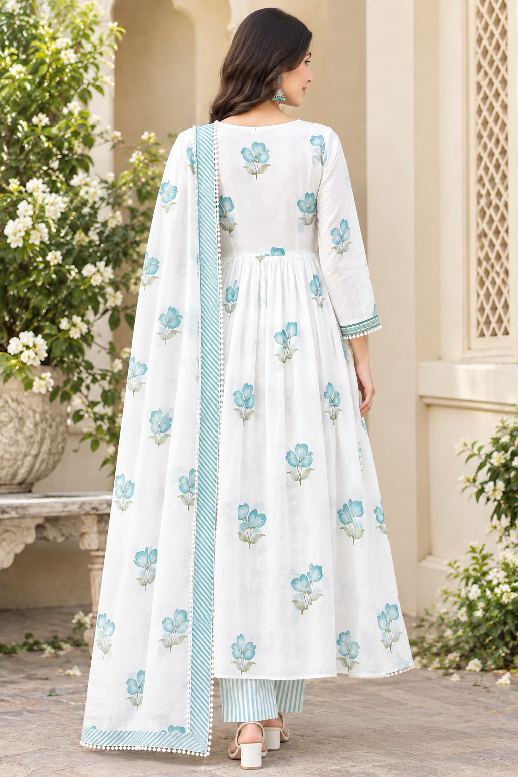 Women's Pure Cotton White & Teal Blue Floral Printed Flared Anarkali Kurta with Palazzo & Dupatta Set (3-Piece Lined Ethnic Suit Set with Heavy Embroidery) Manufacturer Wholesale in Jaipur